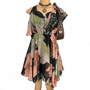 Floral Chiffon A-Line Dress in Black and Peach and Green Floral patterns